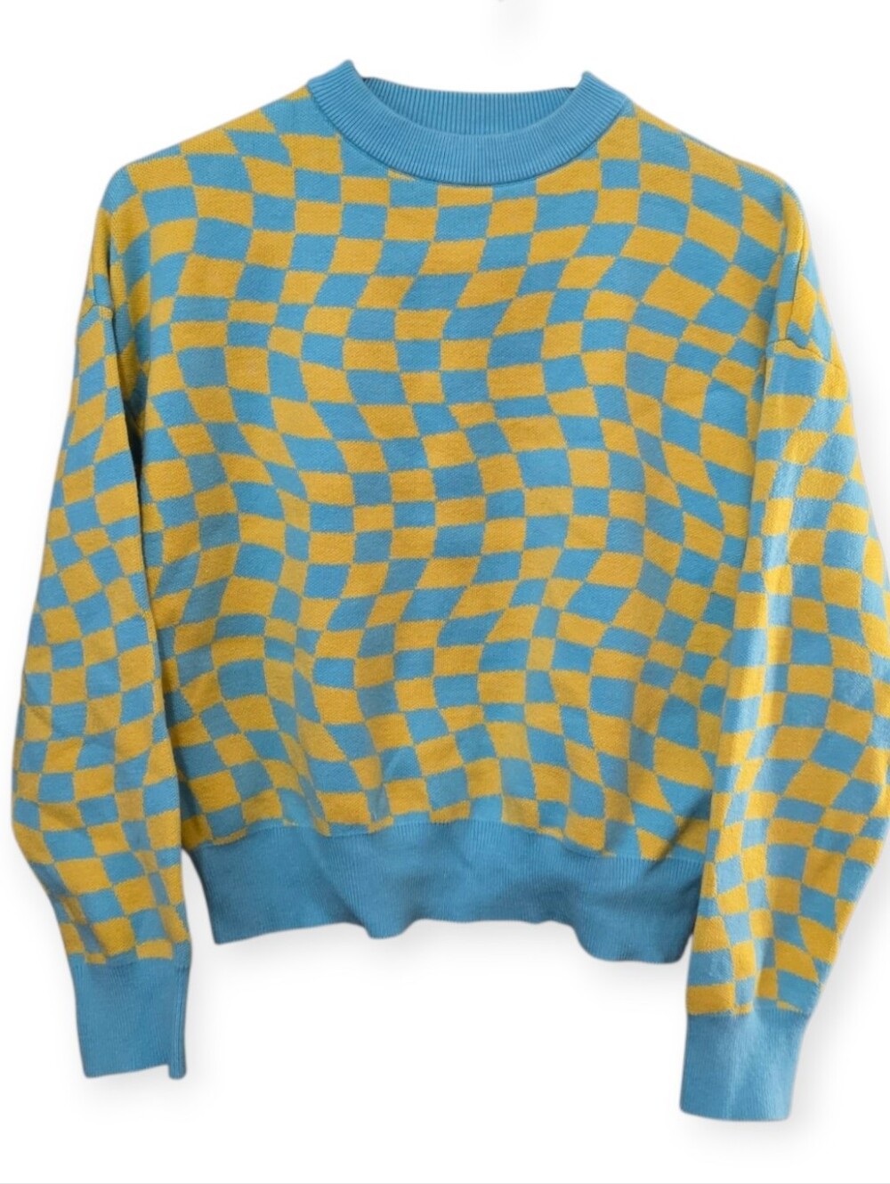 Forever 21 Blue Yellow Checkerboard Sweater Size S - Picture 2 of 5